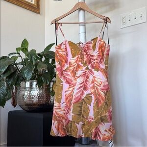 Forever 21 Tropical Leaf Sun Dress Sz L Pink Green Resortwear  Mini Spaghetti